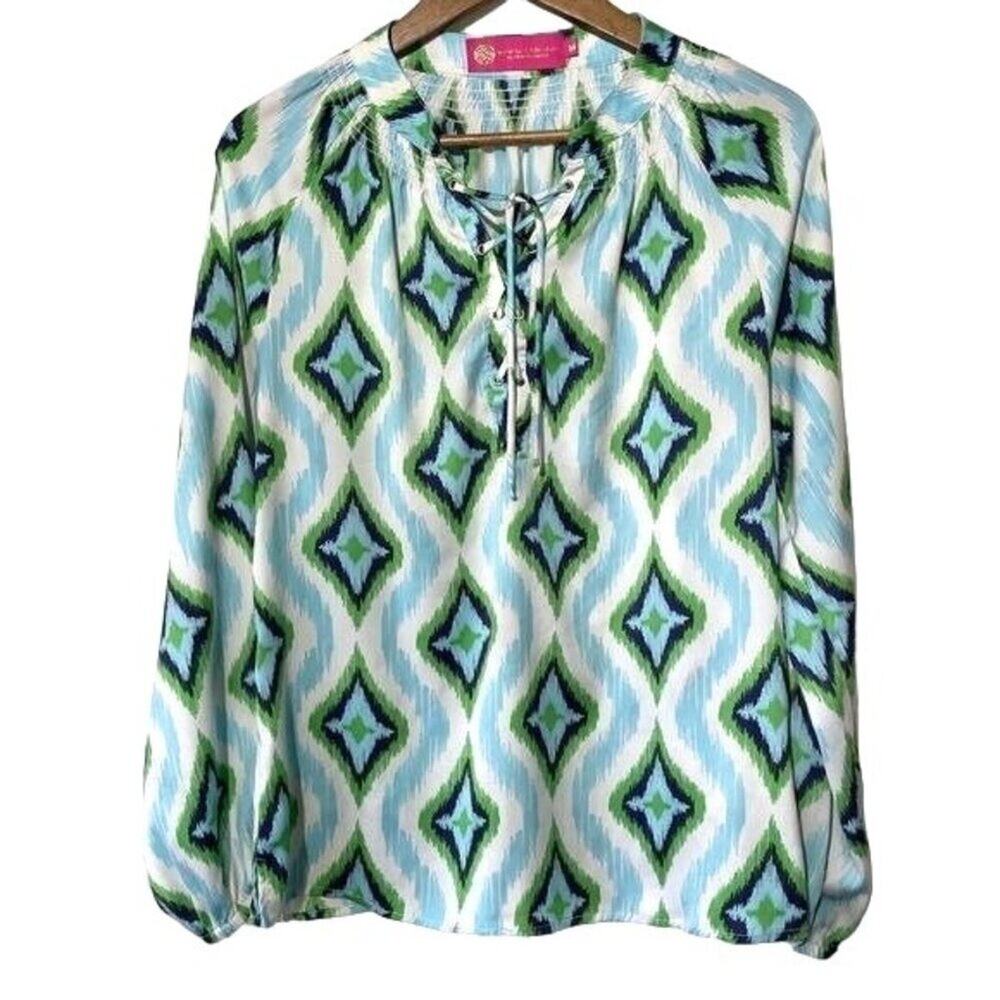 Macbeth Collection · Lace Tie V-Neck Blouse · Printed · Blue Green · Medium